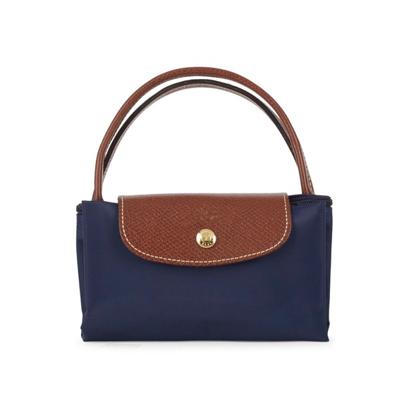 $150 Longchamp Le Pliage Navy Blue Nylon Brown Leather Tote Satchel Bag - Picture 2 of 16